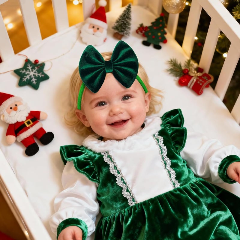 ONENINEDREAM Christmas Velvet Baby Girls Bows Elastic Nylon Headbands Red Green Handmade Christmas Newborn Bows Hairbands Infants Toddlers Hair Accessories - Image 2